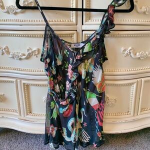 Vintage Moschino Black Silk Tattoo Print Top